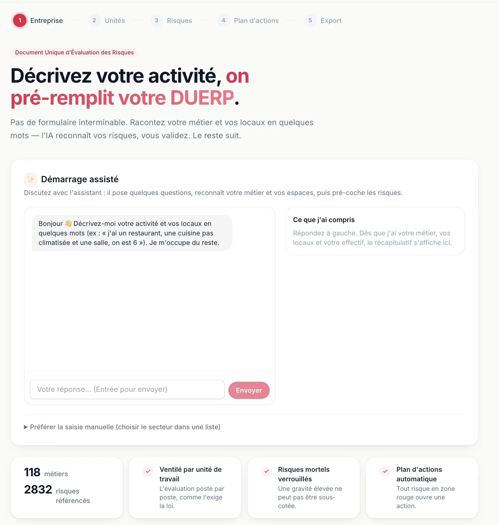 Interface réelle du démarrage assisté de I Love DUERP